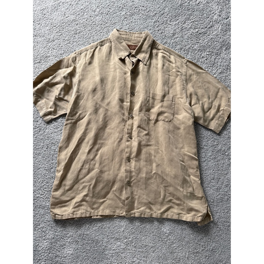Tasso Elba Mens Large Silk Linen Blend Short Sleeve Button Down Shirt Tan Khaki